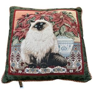 VTG Himalayan Cat Tapestry Needlepoint Pillow Christmas Holiday‎ 16x16 Cottage